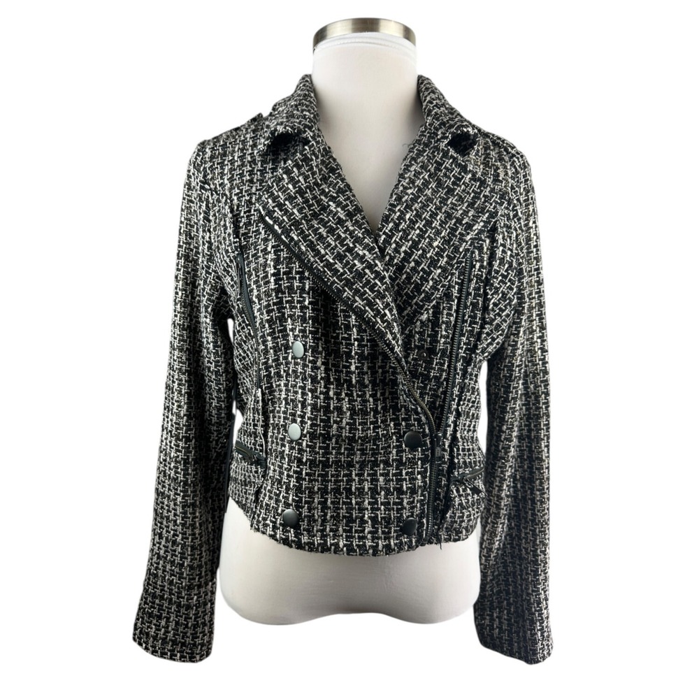 Revolve x House of Harlow Tweed Moto Zip Cropped Jacket XL Blk Wht Biker Chic - Picture 2 of 16